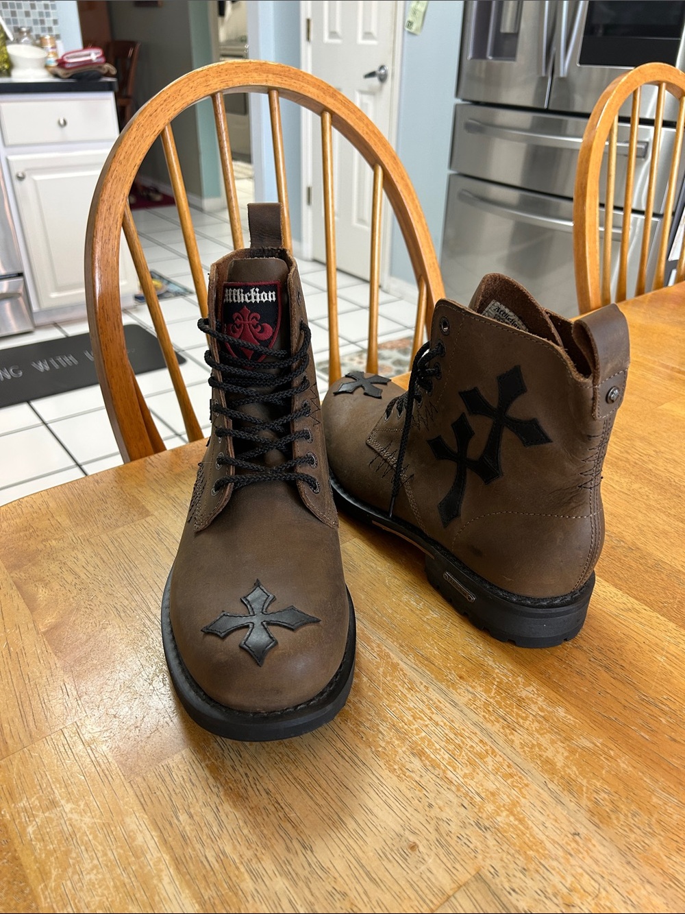 Affliction Brown Leather Lace-Up Moto Boots with Black Cross Accents